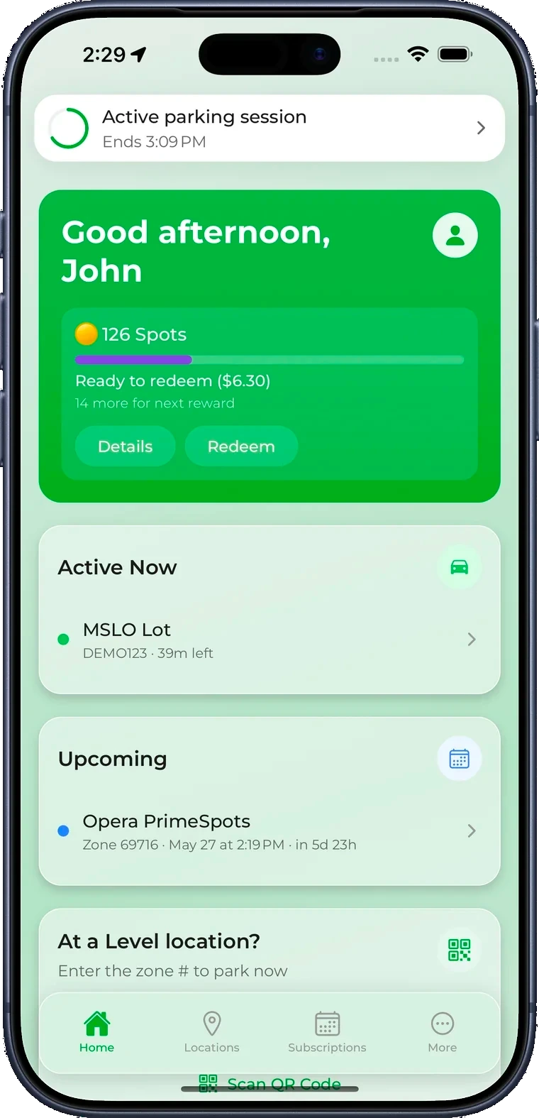 Level Parking app home