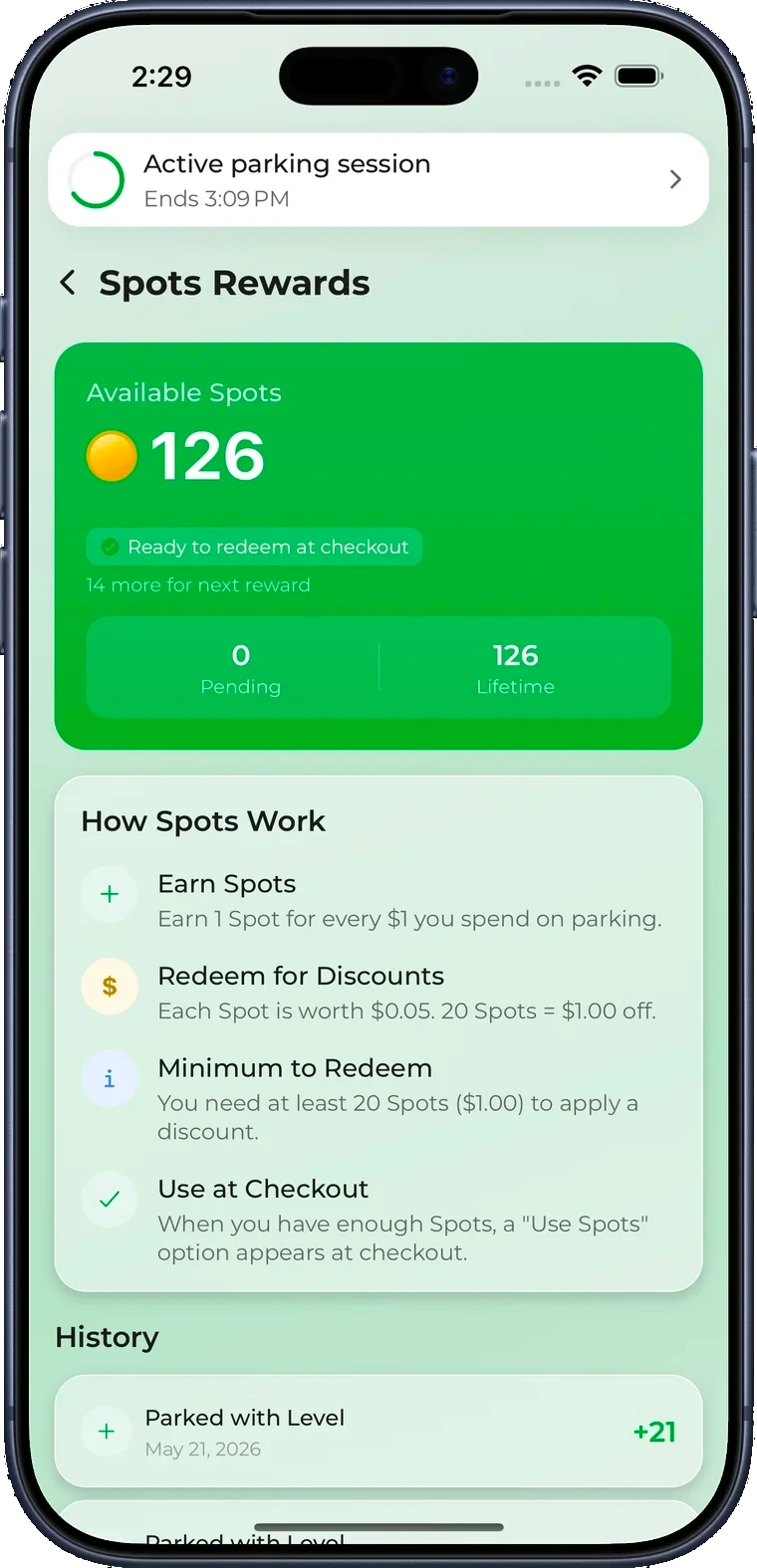 Spots rewards balance in the Level app